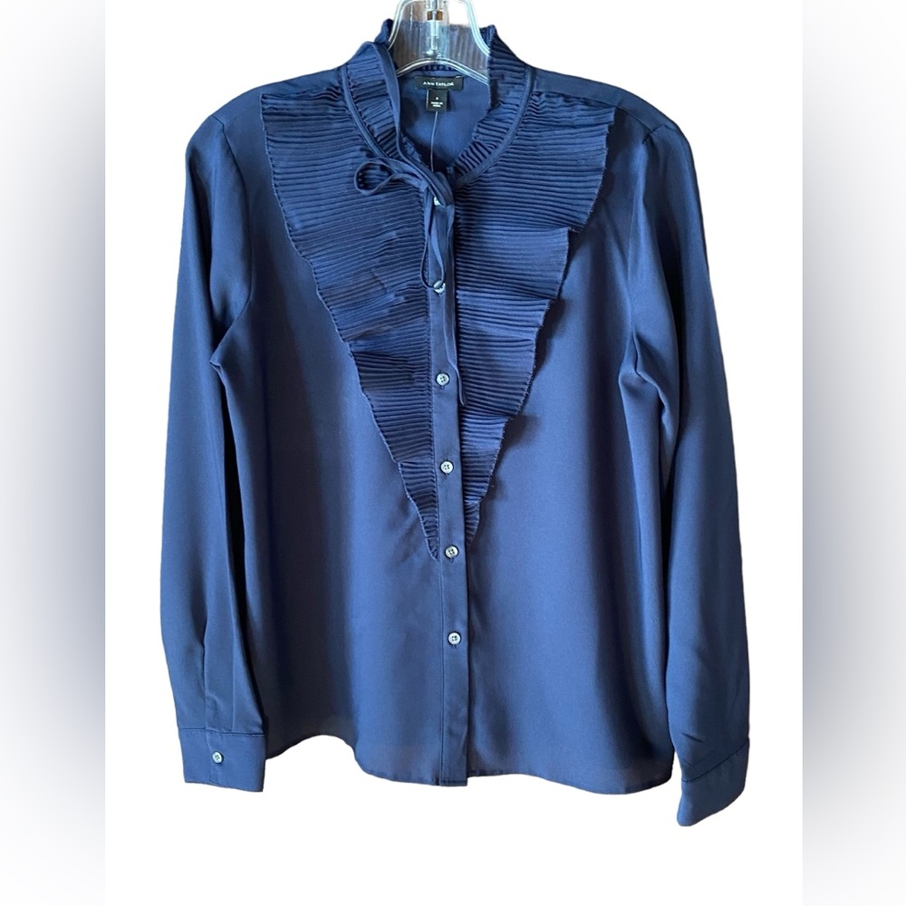 NWT Ann Taylor Dark Blue Ruffled Long Sleeve Blouse Top